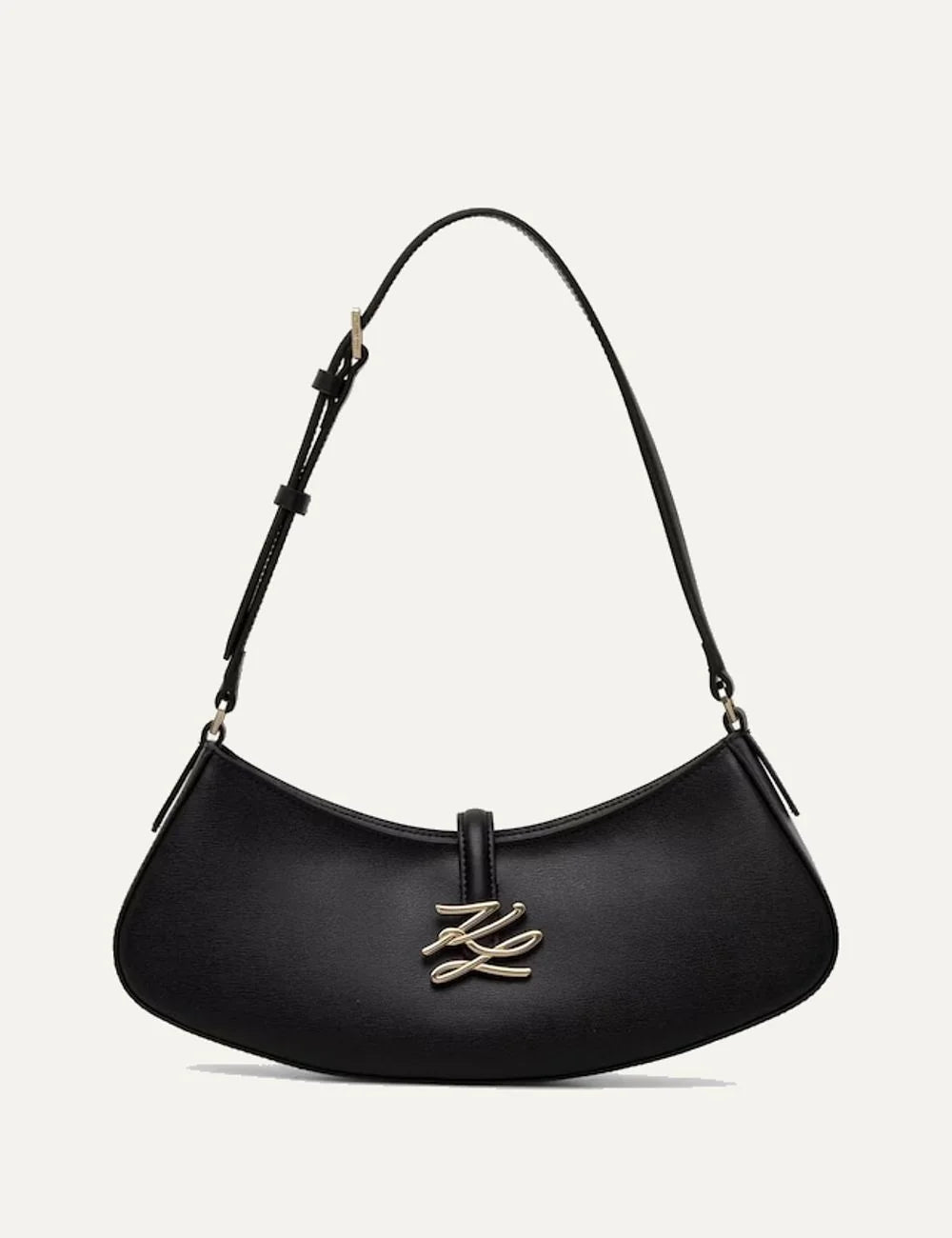 Karl Lagerfeld women's black leather K/Autograph shoulder bag with curved silhouette, adjustable strap and gold-tone signature logo.