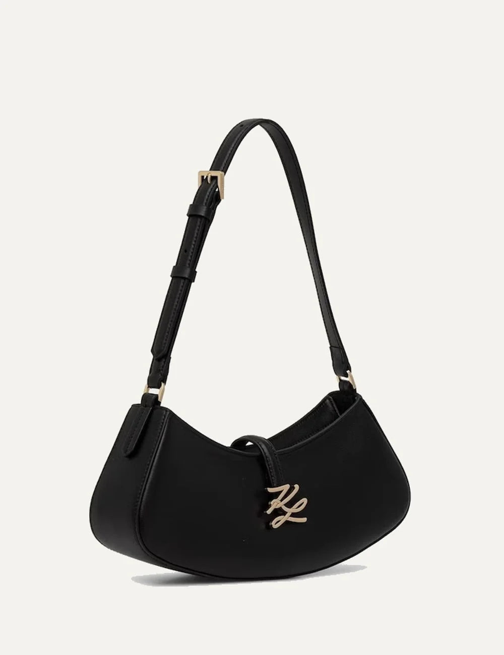 Karl Lagerfeld women's black leather K/Autograph shoulder bag with curved silhouette, adjustable strap and gold-tone signature logo side