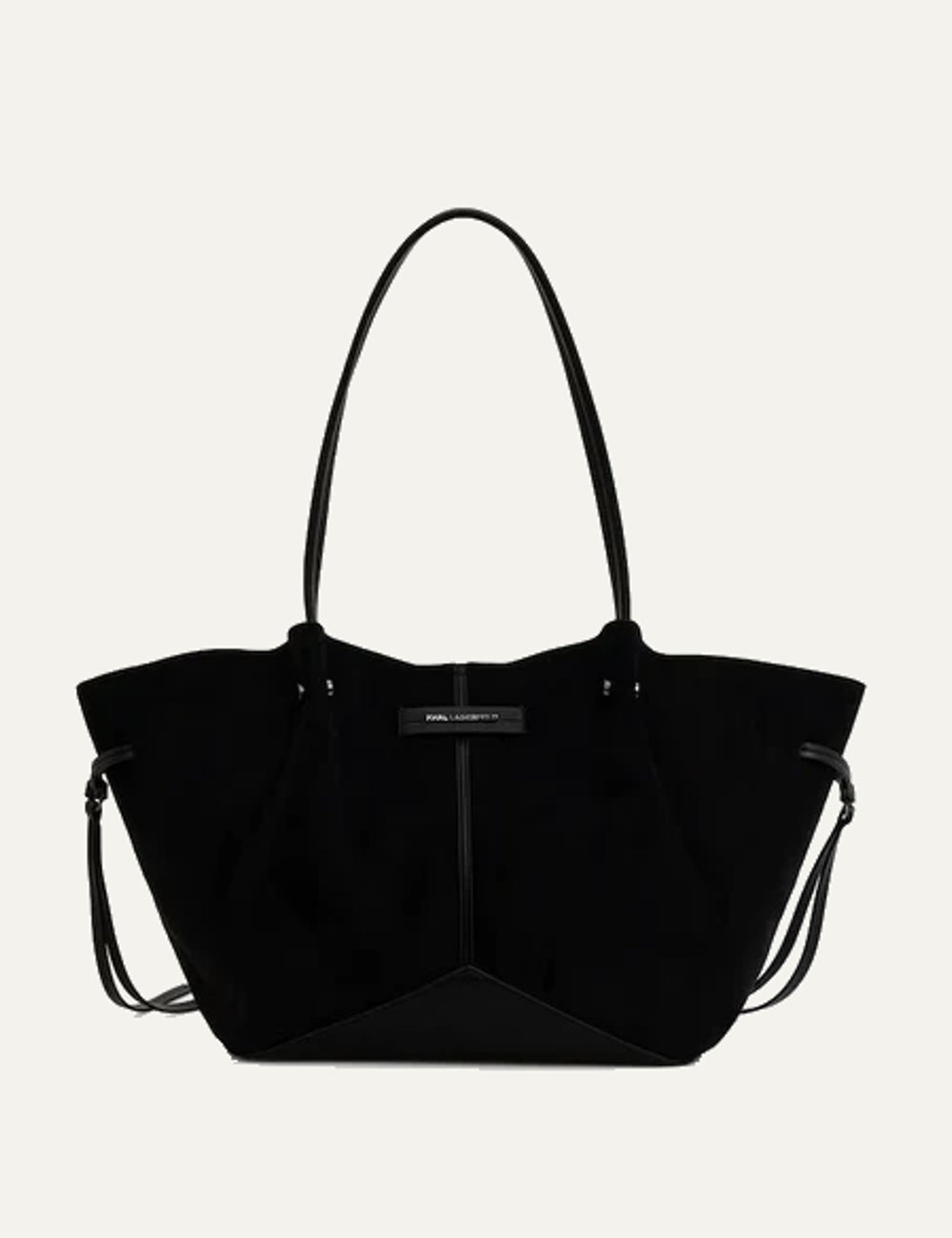 Karl Lagerfeld women's black shopper tote bag with soft structured silhouette, long shoulder straps, side drawstrings and front logo detail.