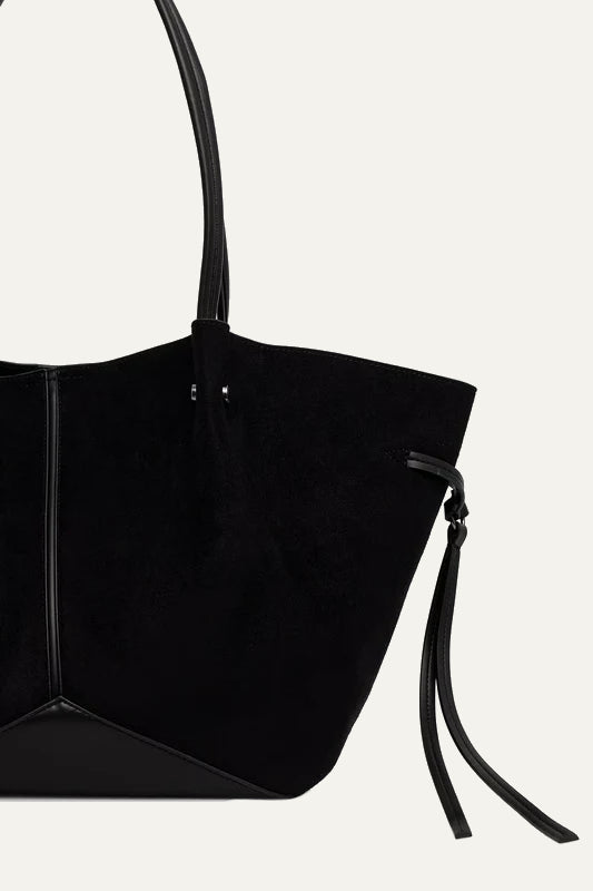 Karl Lagerfeld women's black shopper tote bag with soft structured silhouette, long shoulder straps, side drawstrings and front logo detail detail