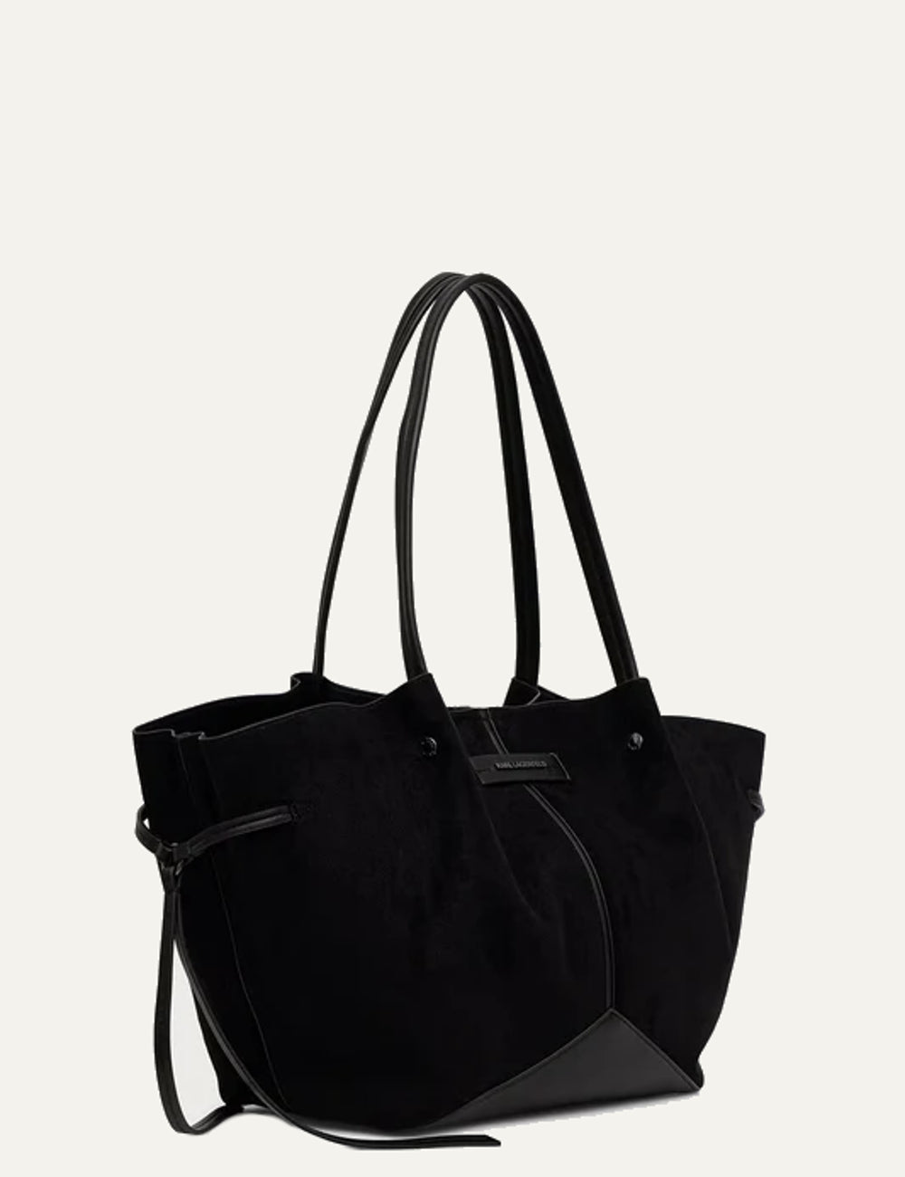 Karl Lagerfeld women's black shopper tote bag with soft structured silhouette, long shoulder straps, side drawstrings and front logo detail side