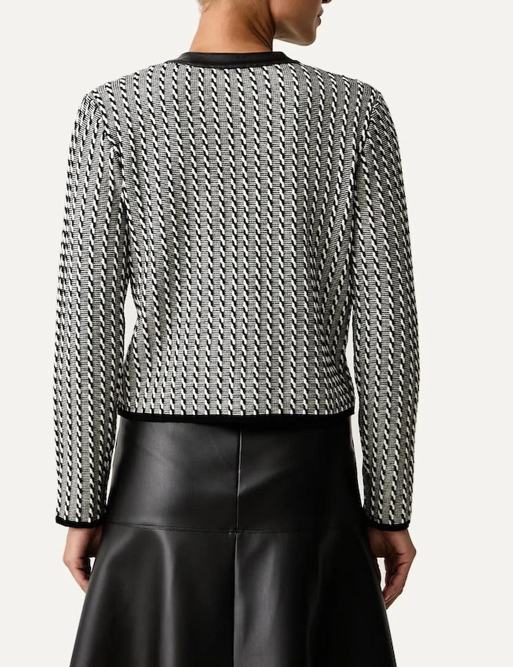 Karl Lagerfeld women's black and white cropped knitted cardigan with geometric stripe pattern, round neckline, metallic buttons and black trim back