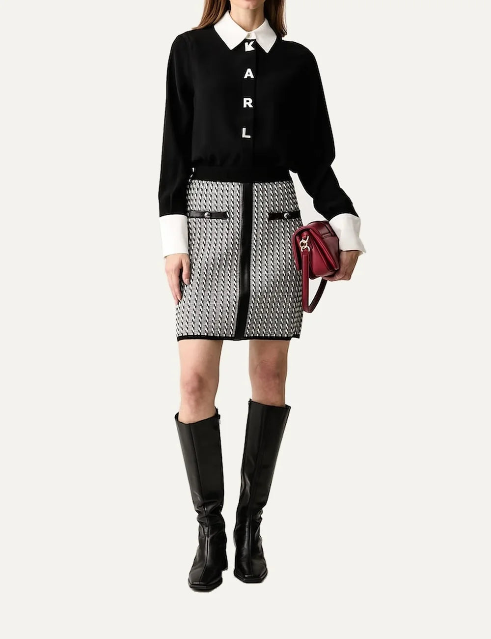 Karl Lagerfeld women's black and white knitted mini skirt with geometric pattern, straight fit and black faux leather trim full body