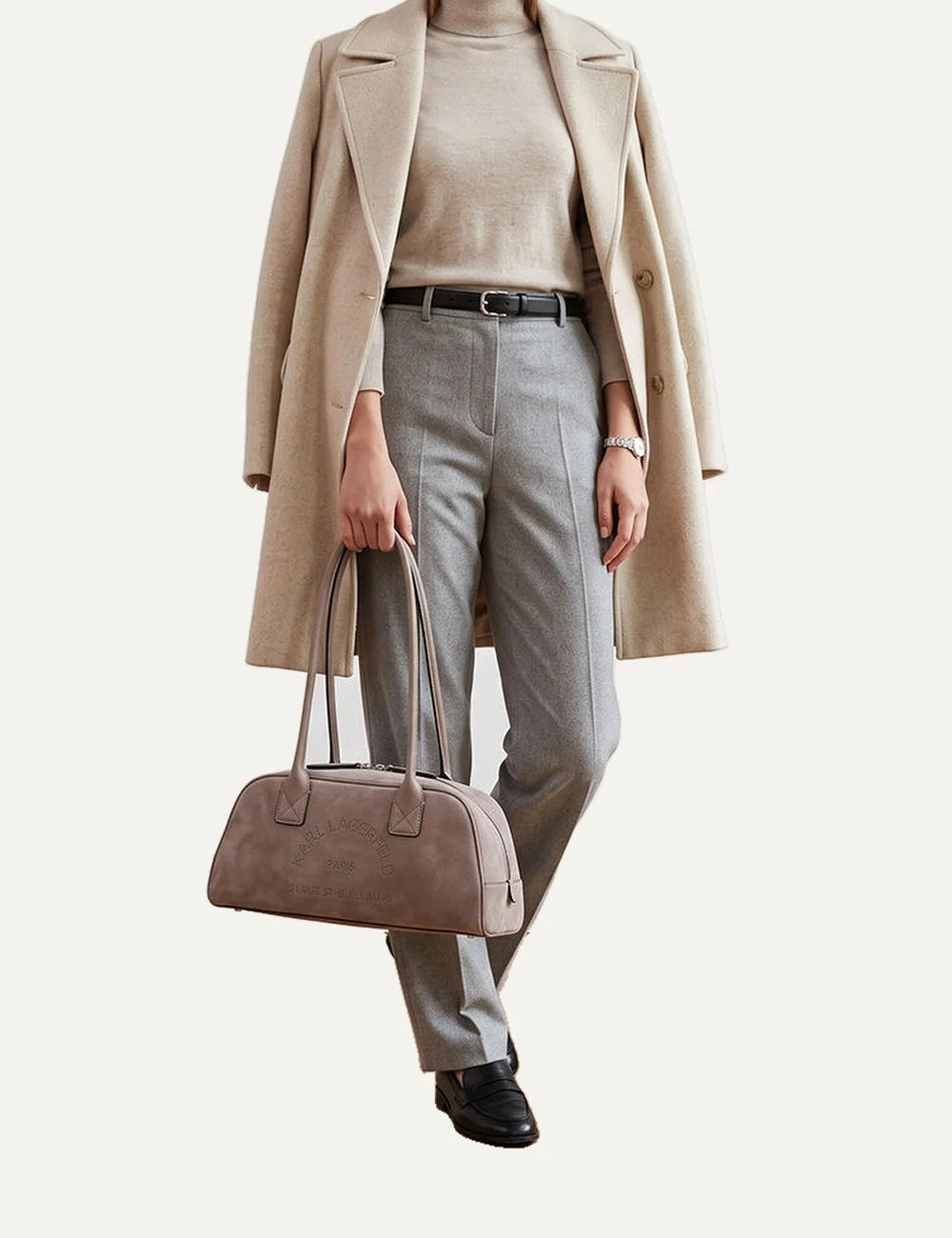 Karl Lagerfeld women's dusty pink suede shoulder bag with elongated silhouette, double shoulder straps, zip closure and perforated logo full body