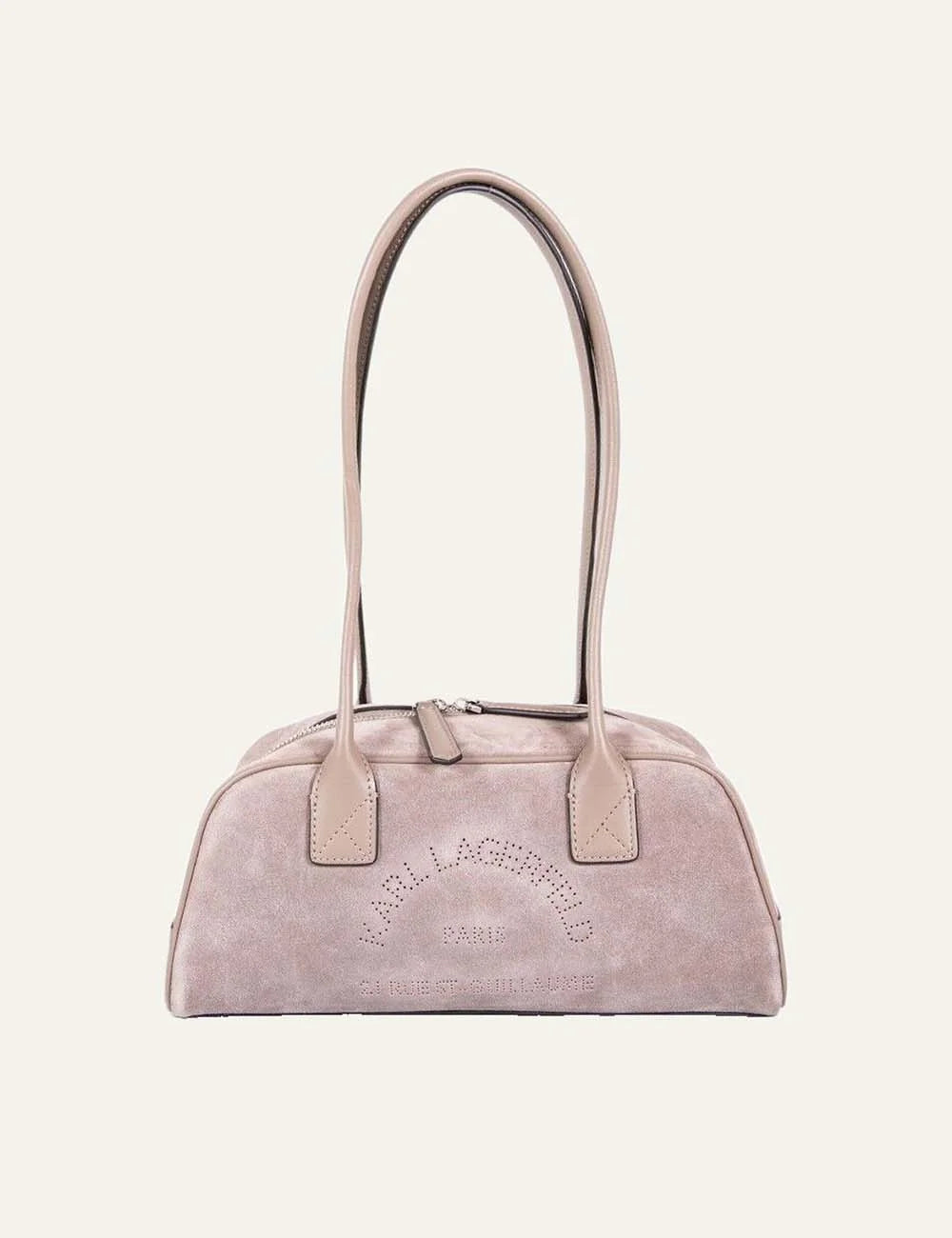 Karl Lagerfeld women's dusty pink suede shoulder bag with elongated silhouette, double shoulder straps, zip closure and perforated logo.