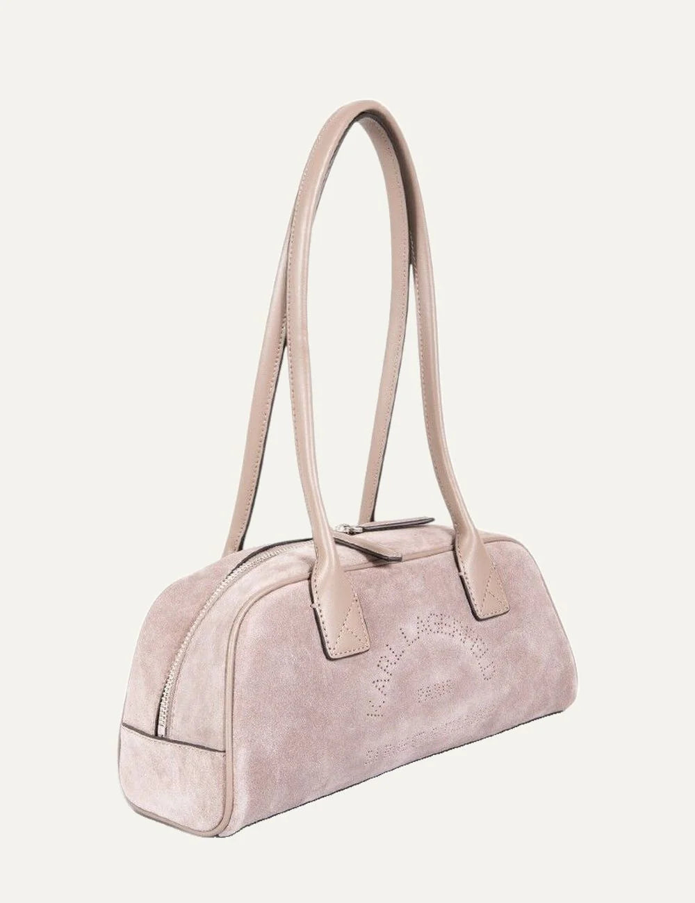 Karl Lagerfeld women's dusty pink suede shoulder bag with elongated silhouette, double shoulder straps, zip closure and perforated logo side