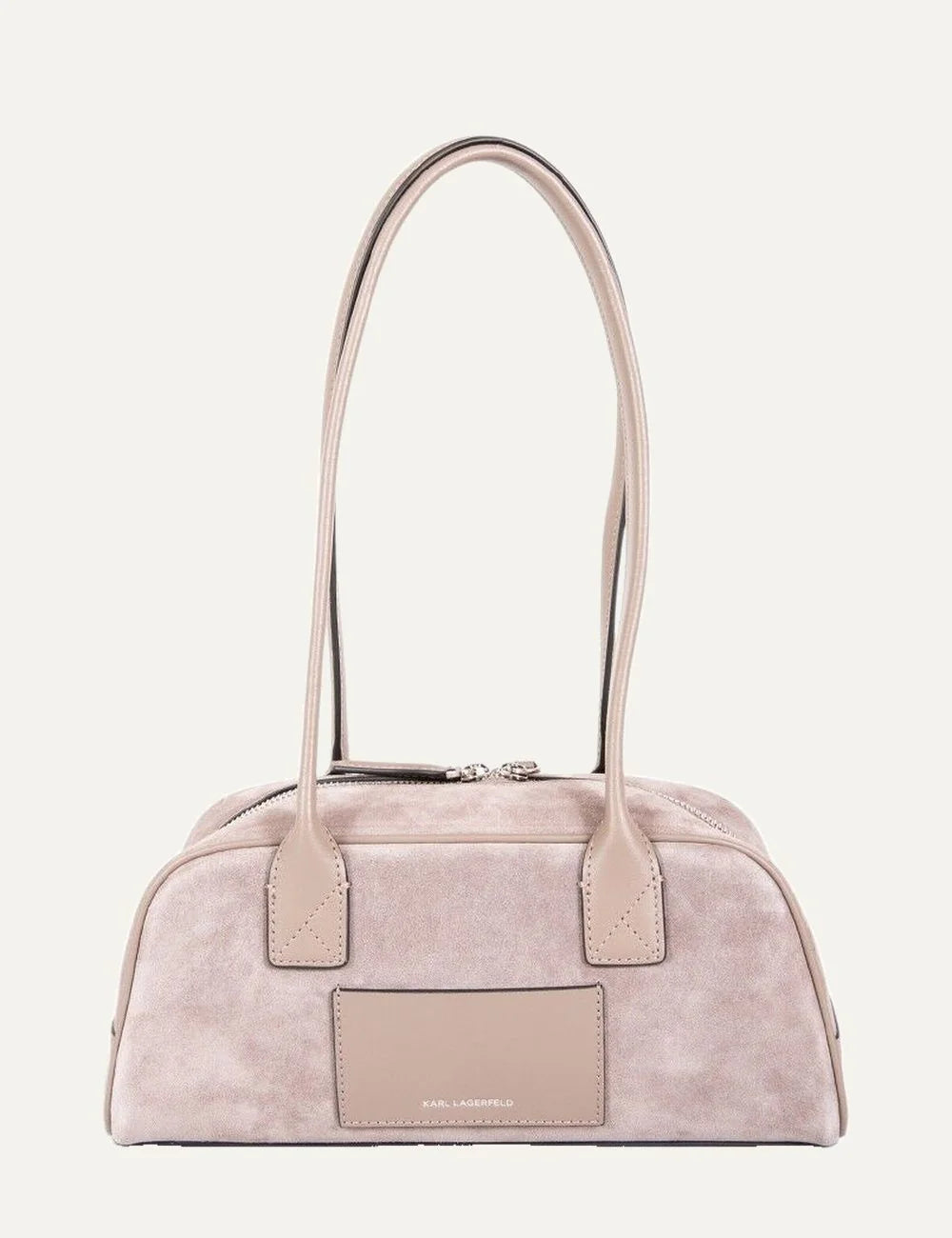 Karl Lagerfeld women's dusty pink suede shoulder bag with elongated silhouette, double shoulder straps, zip closure and perforated logo back