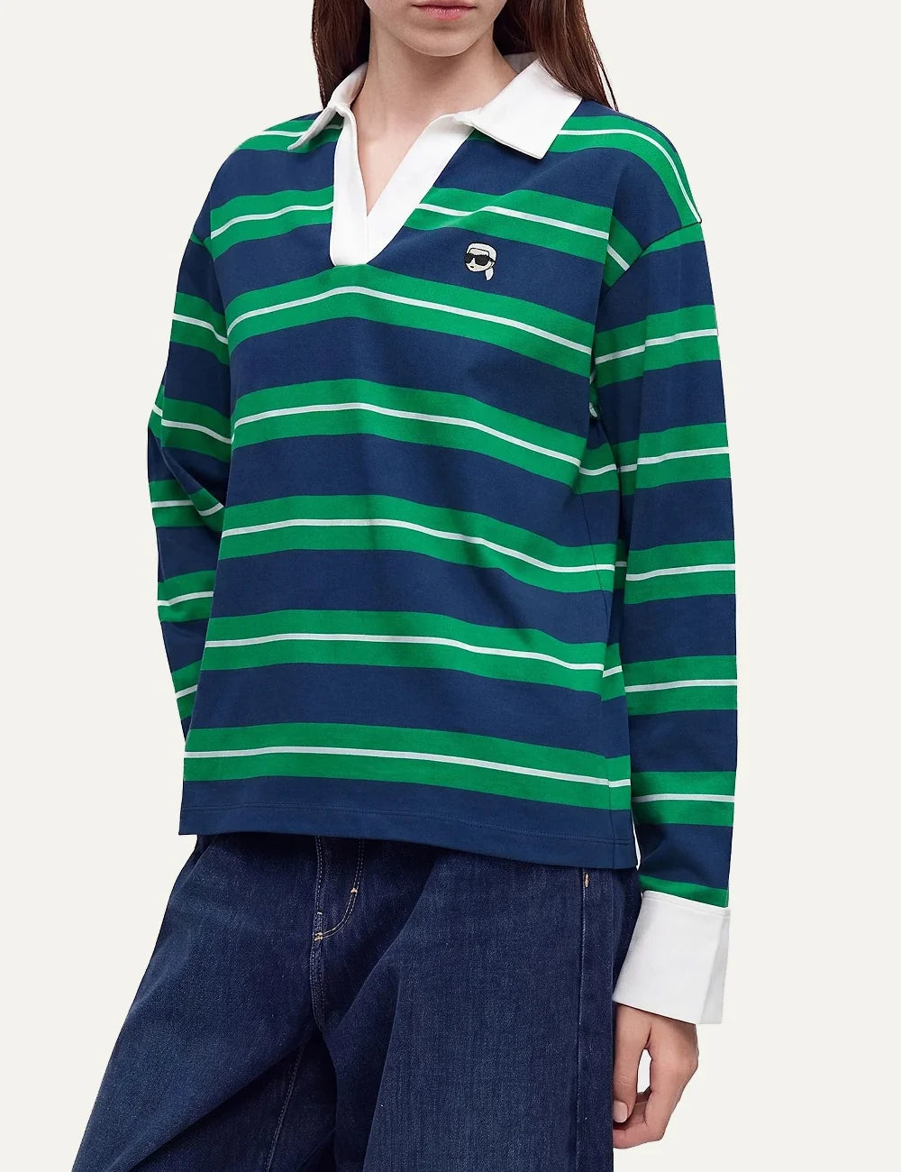 karl lagerfeld womens navy green striped rugby polo shirt model