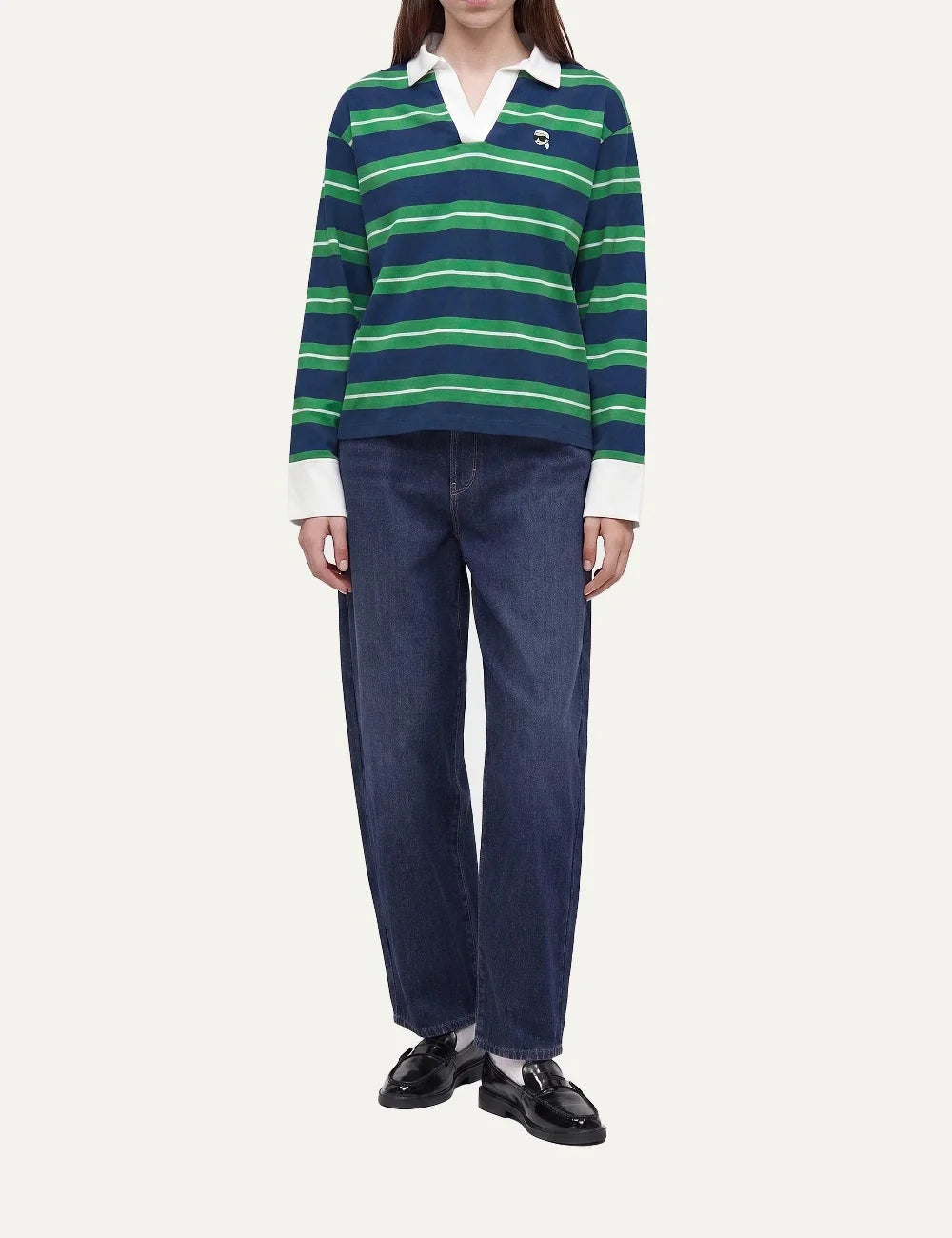 karl lagerfeld womens navy green striped rugby polo shirt full body