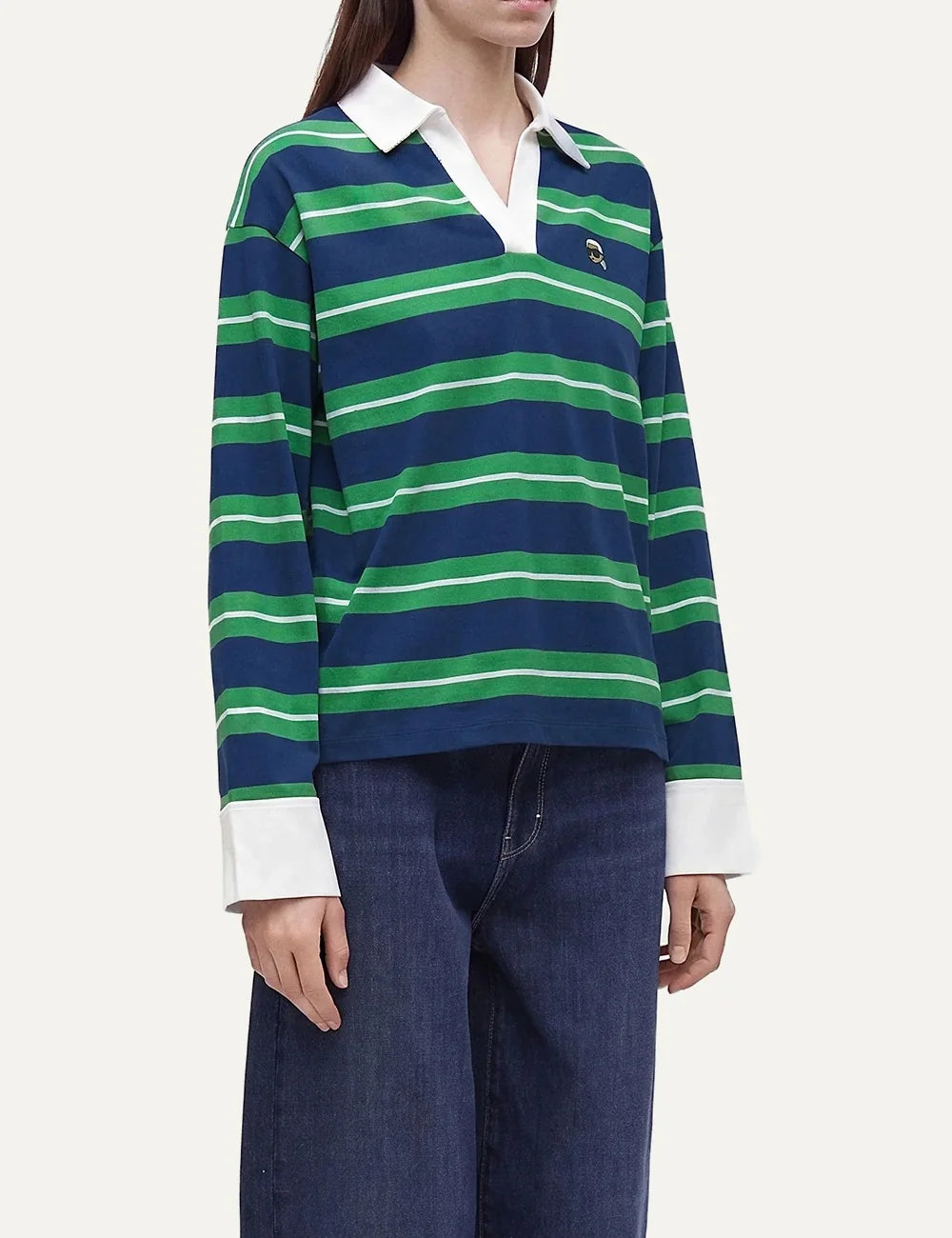 karl lagerfeld womens navy green striped rugby polo shirt side