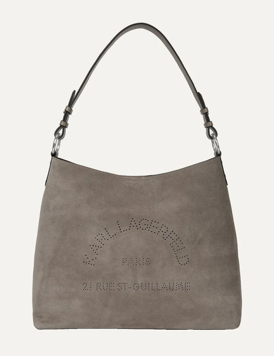 Karl Lagerfeld women's taupe suede-effect shoulder bag with slouchy silhouette, leather strap, silver-tone hardware and perforated logo artwork.
