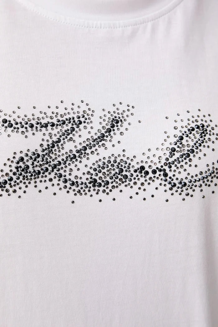 Karl Lagerfeld women's white cotton T-shirt with relaxed fit, round neckline, short sleeves and sparkling black Karl logo on the front detail