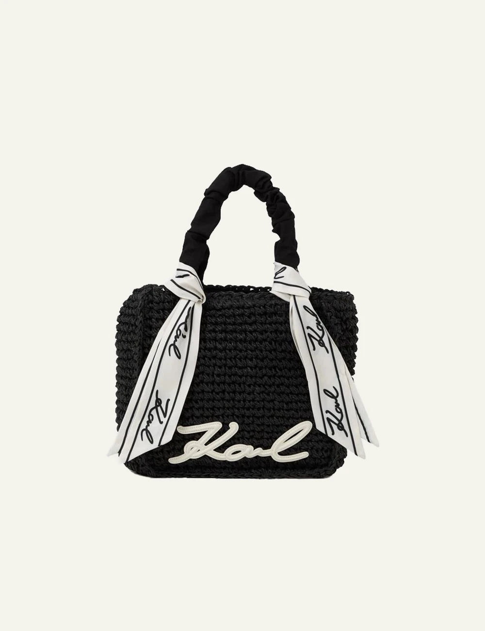 Karl Lagerfeld woven beach bag black scarf handles Karl logo front view