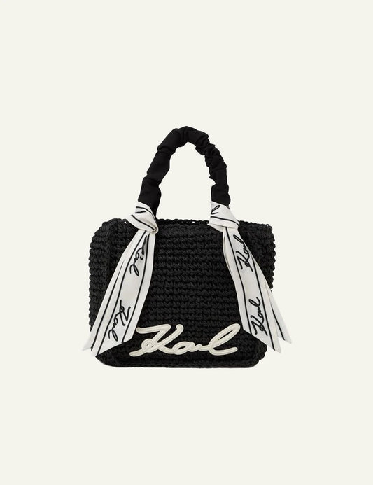 Karl Lagerfeld woven beach bag black scarf handles Karl logo front view