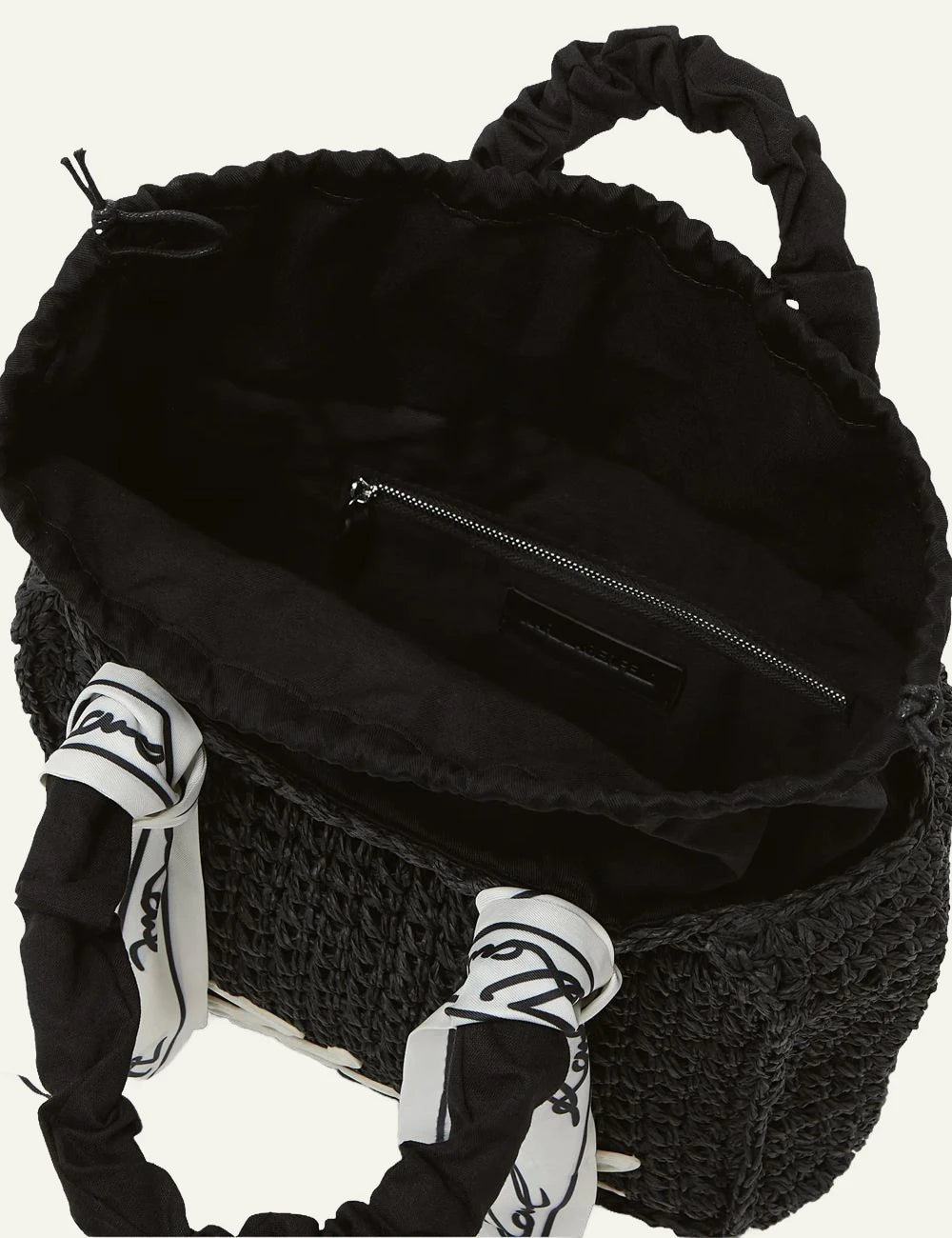 Karl Lagerfeld woven beach bag black scarf handles Karl logo top view