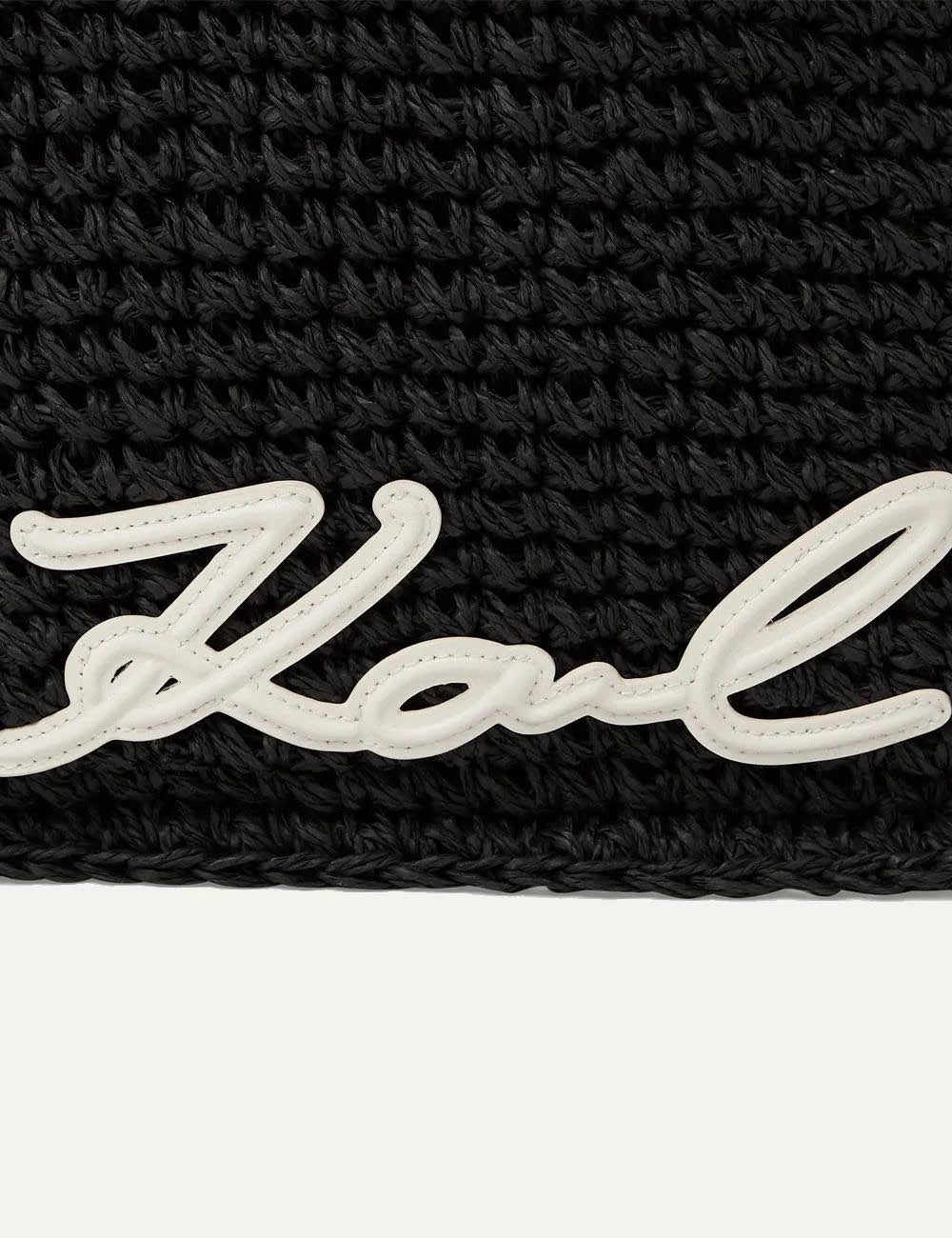 Karl Lagerfeld woven beach bag black scarf handles Karl logo front detail view