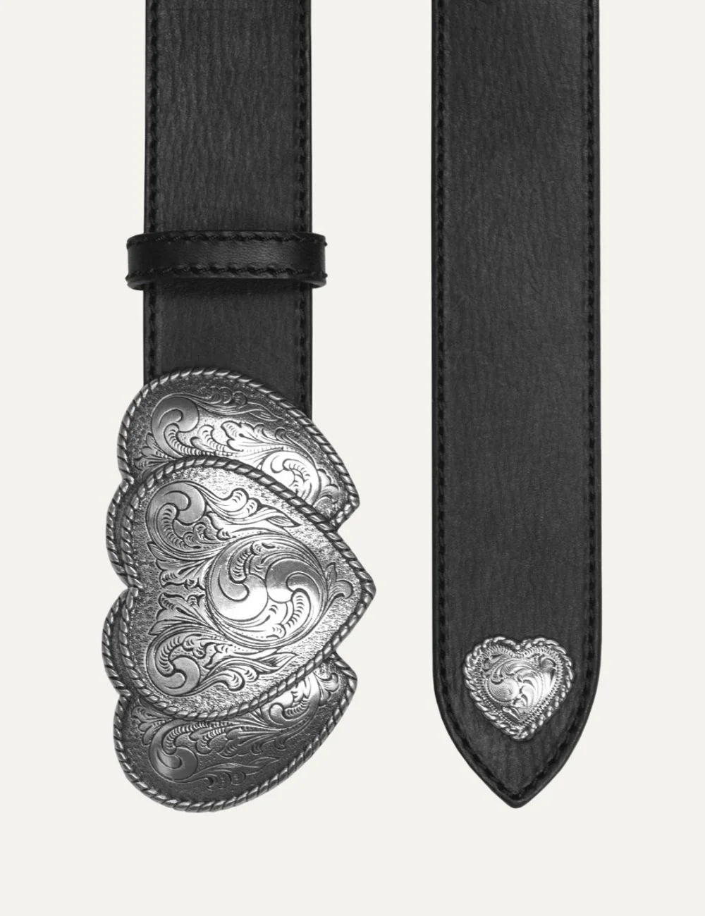 Kate Cate women black nappa leather belt with silver-tone engraved western heart buckle front view