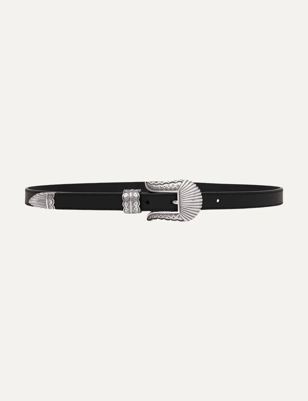 Kate Cate women Thin Kim black leather belt with silver-tone western buckle product shot