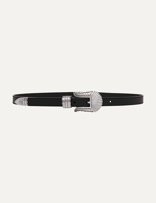Kate Cate women Thin Kim black leather belt with silver-tone western buckle product shot