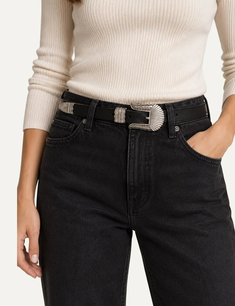 Kate Cate women Thin Kim black leather belt with silver-tone western buckle on model
