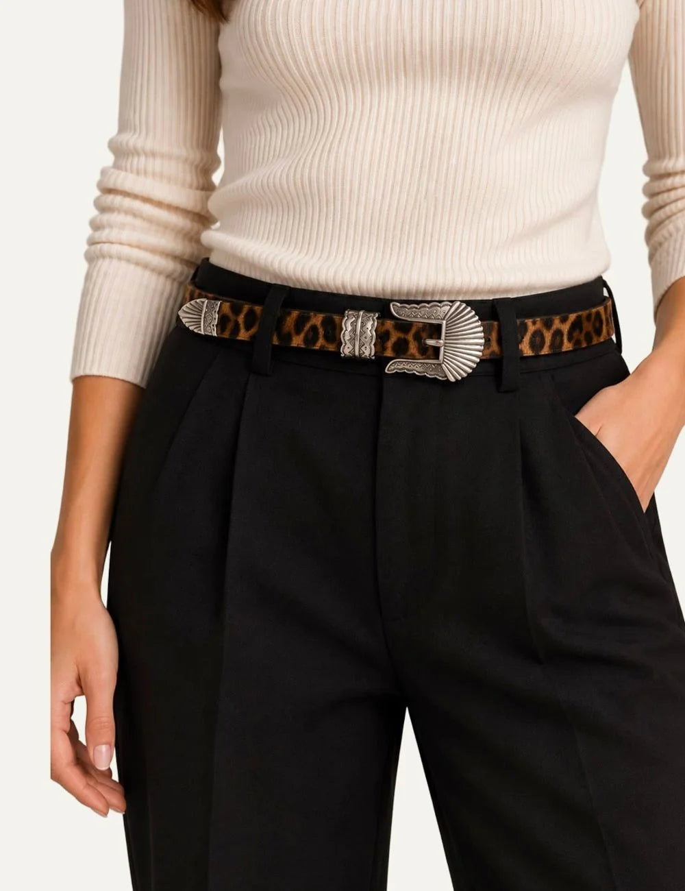 Kate Cate women thin leopard print pony hair belt with silver-tone western buckle on model