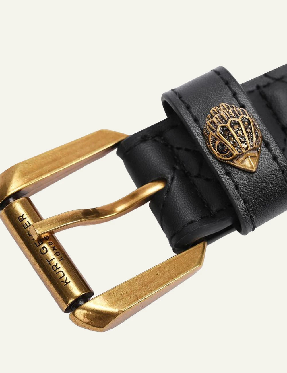 Kurt Geiger gold buckle eagle logo black belt close up
