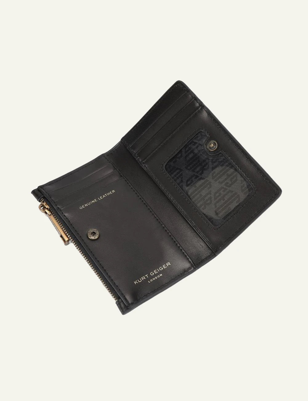 Kurt Geiger black leather bifold wallet interior open card slots ID window