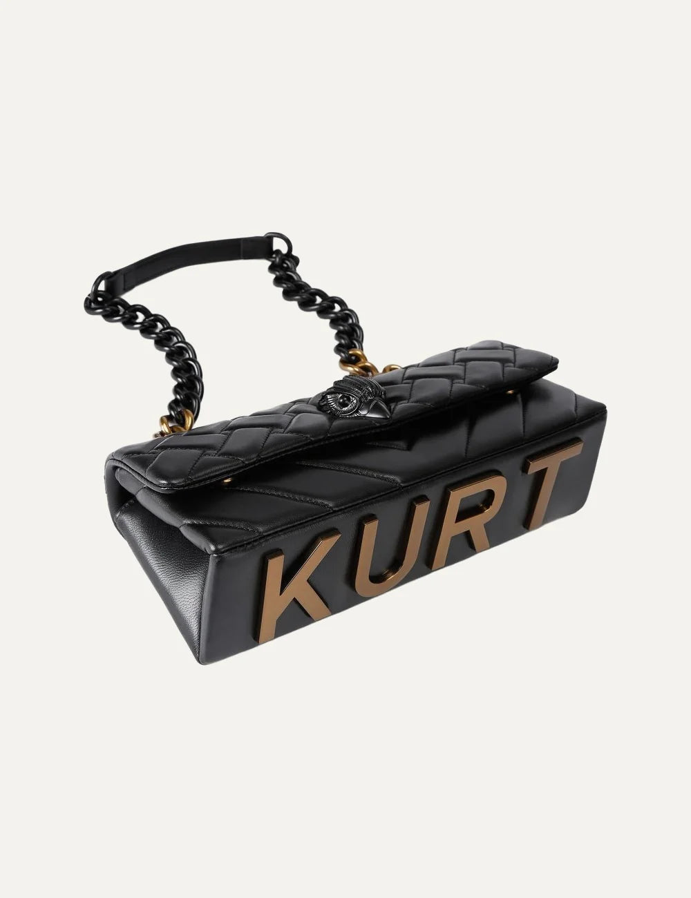 Kurt Geiger women's black leather Kensington East West bag with quilted design, black eagle head and two-tone chain strap top