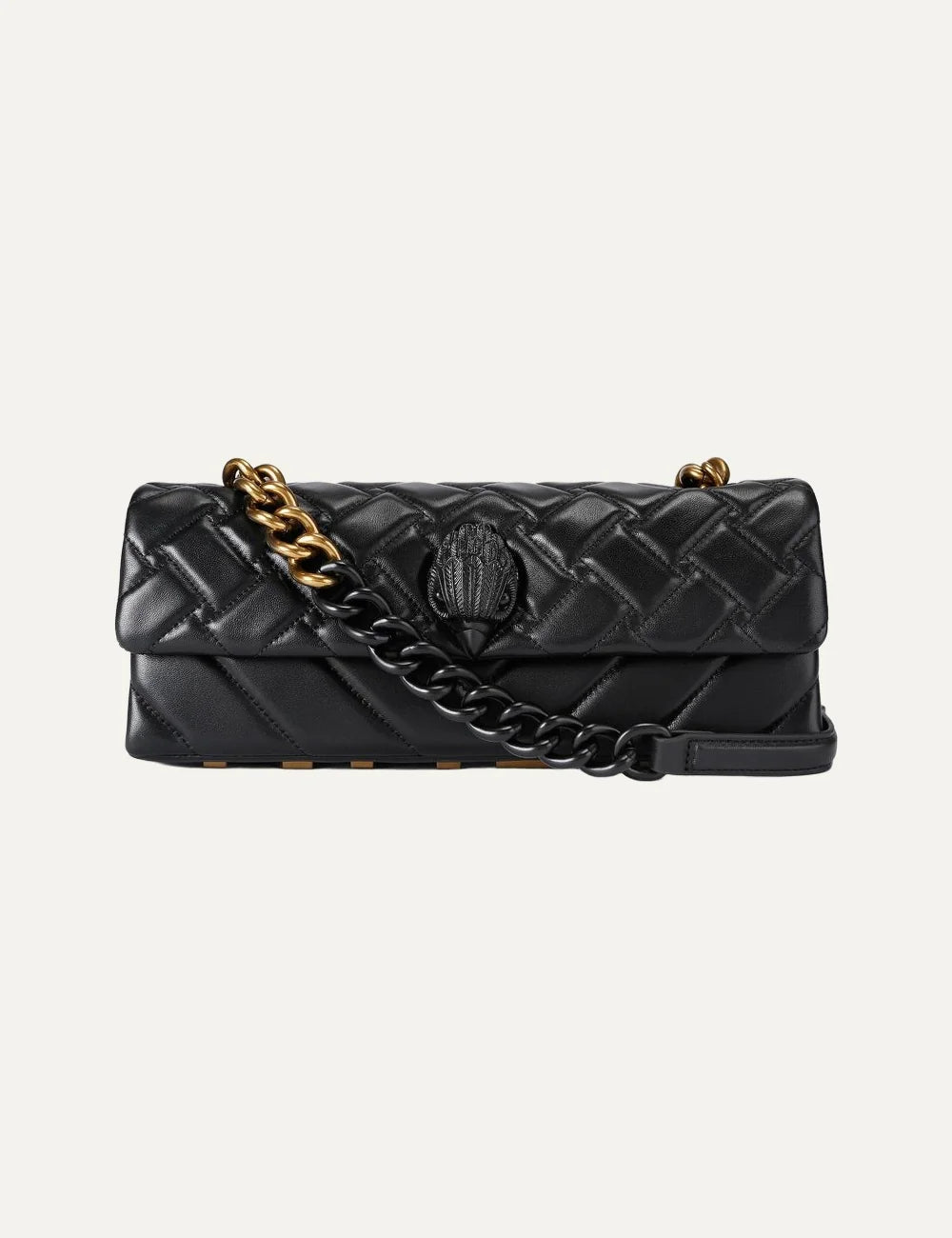 Kurt Geiger women's black leather Kensington East West bag with quilted design, black eagle head and two-tone chain strap.
