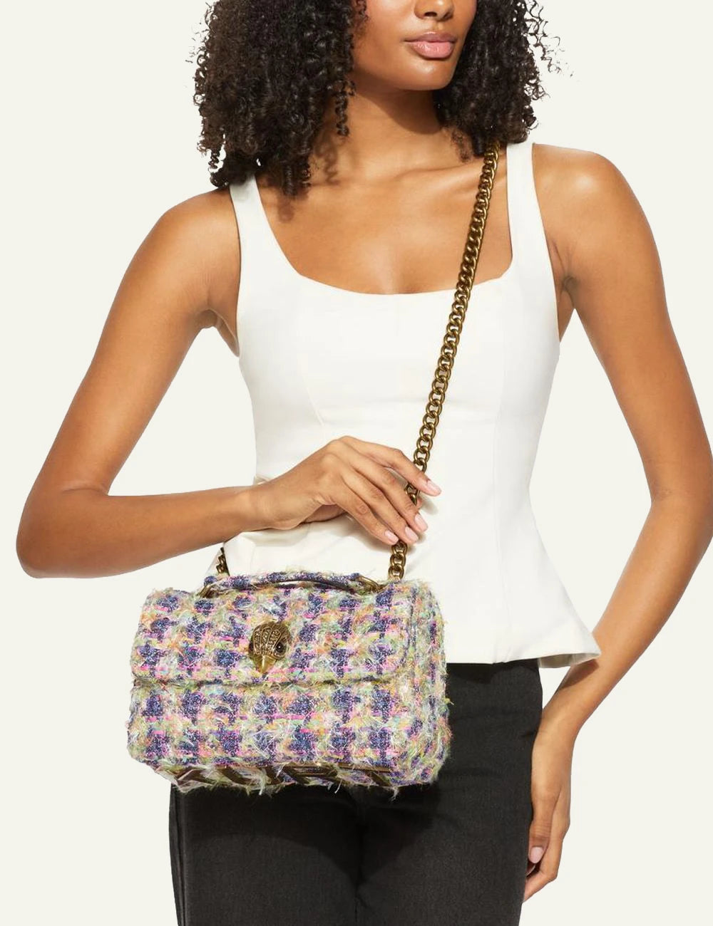 Kurt Geiger Kensington tweed bag worn crossbody fashion look
