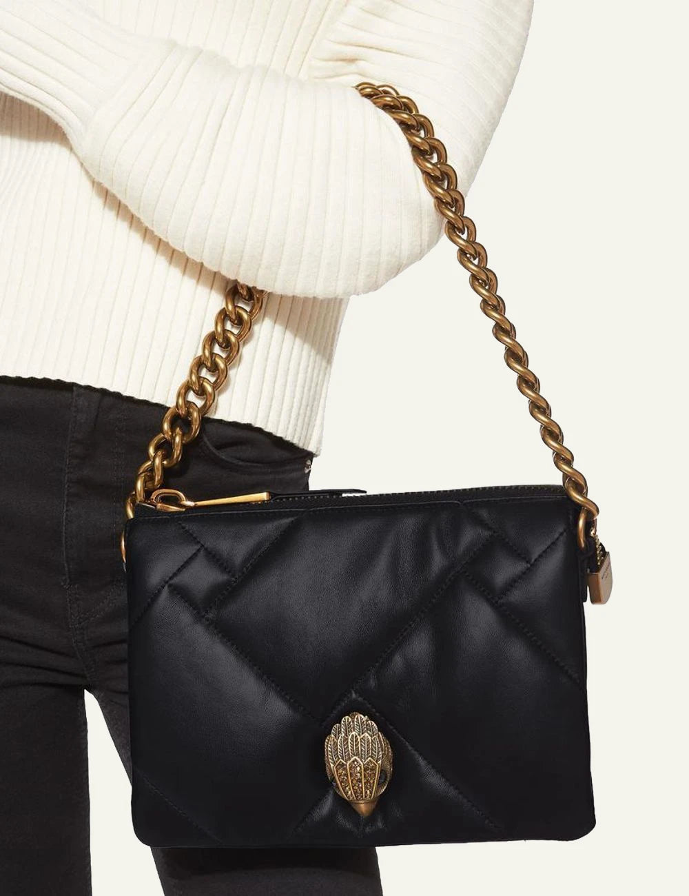 Women's Kurt Geiger Kensington Puff 3 Pouch black leather shoulder bag worn on model