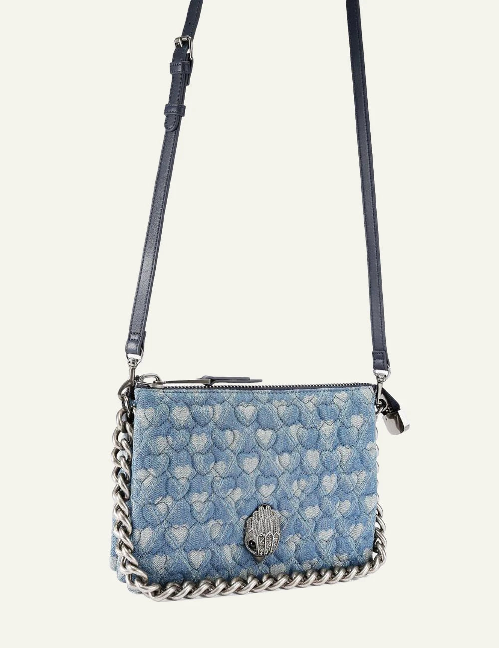 Kurt Geiger Kensington Puff denim bag front view with heart pattern