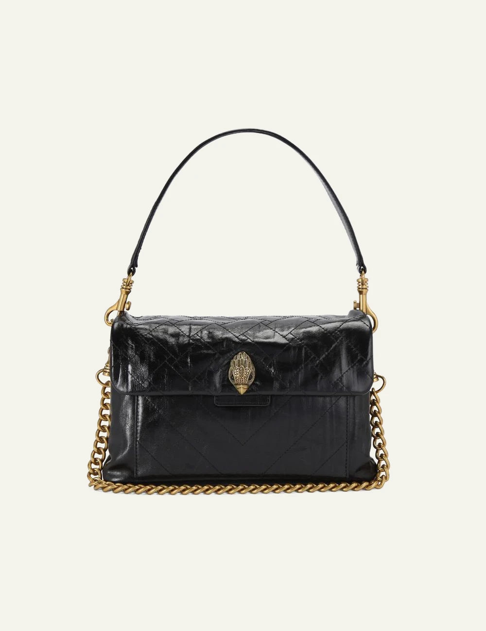 Black crinkled leather Kurt Geiger shoulder bag with quilted finish, gold chain strap and eagle head clasp