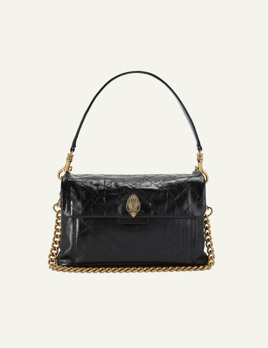 Black crinkled leather Kurt Geiger shoulder bag with quilted finish, gold chain strap and eagle head clasp