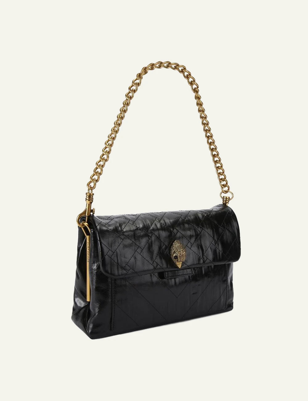Black crinkled leather Kurt Geiger shoulder bag with quilted finish, gold chain strap and eagle head clasp side
