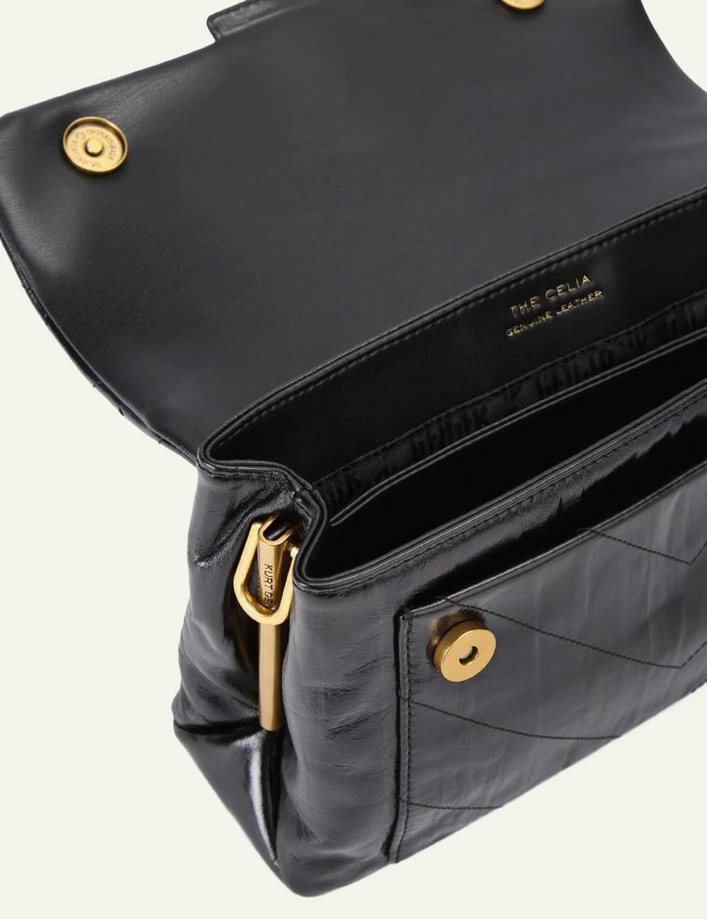 Black crinkled leather Kurt Geiger shoulder bag with quilted finish, gold chain strap and eagle head clasp top