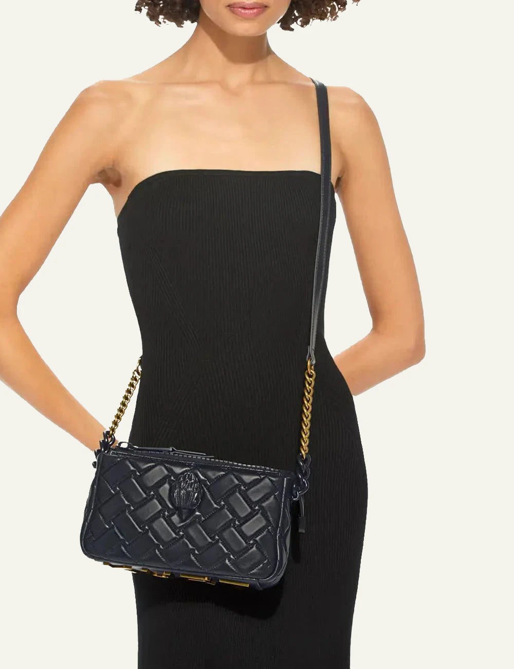 Women's Kurt Geiger black quilted leather shoulder bag worn on model