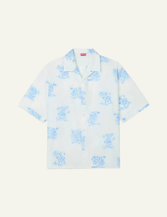 Kenzo Cartoon hawaiian shirt white with light blue print front view