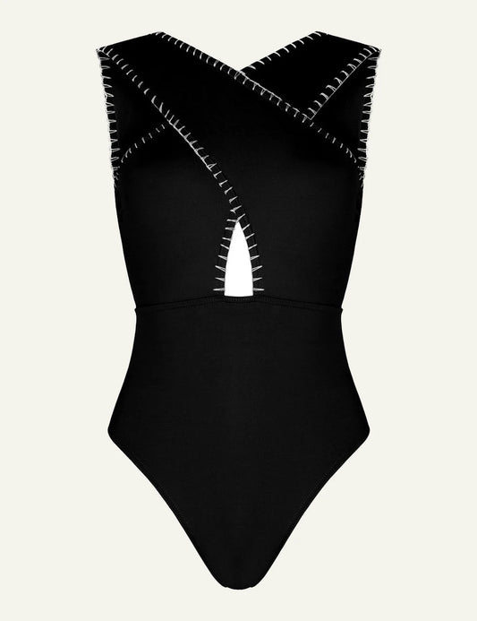 Khione CORAL one piece swimsuit black ivory embroidery cross body straps front flat view