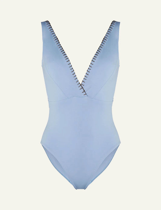 Khione ELIANNE one piece swimsuit sky blue brown embroidery deep V neck front flat view