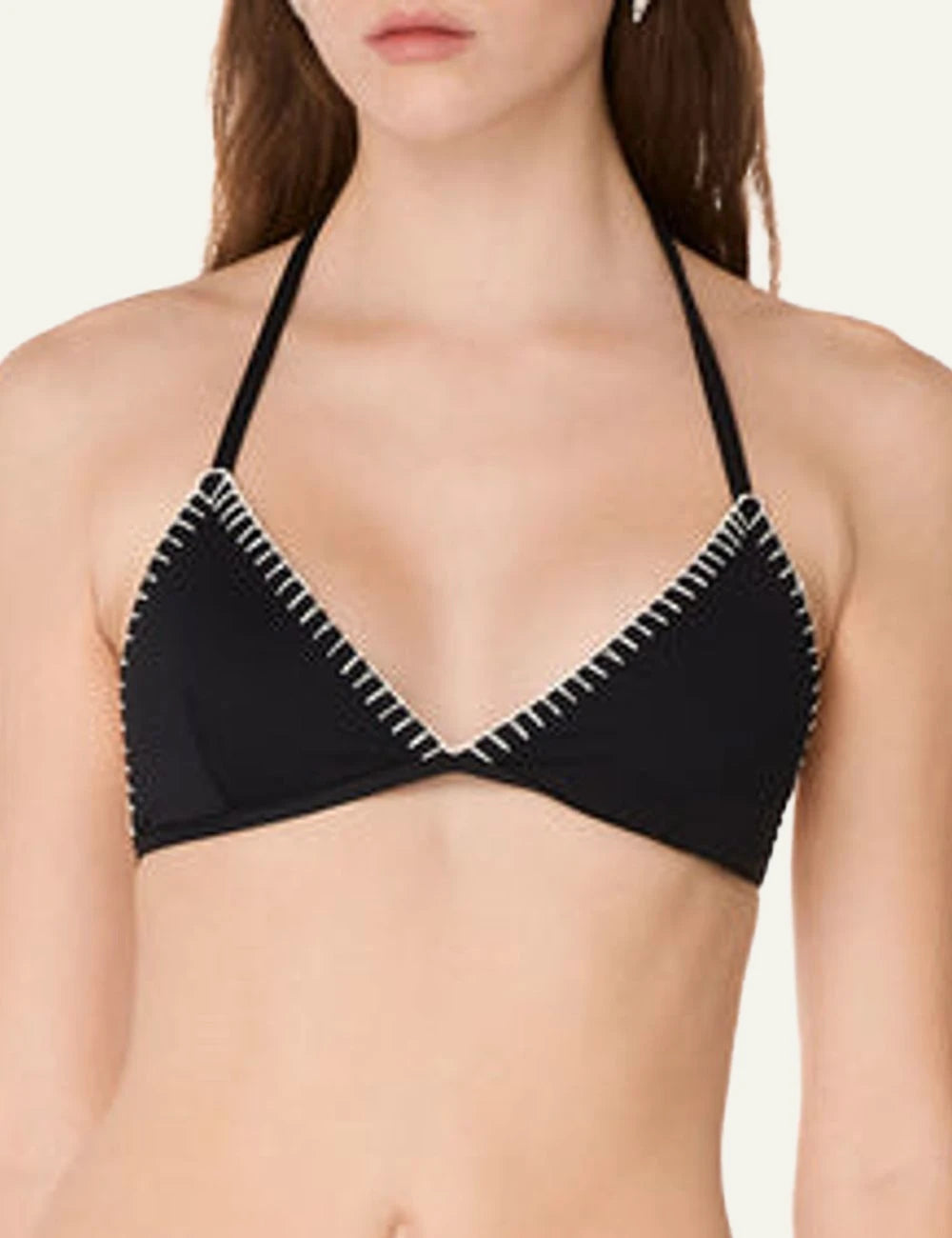 Khione OCEAN bikini set black triangle top ivory stitching side tie bottom front model view
