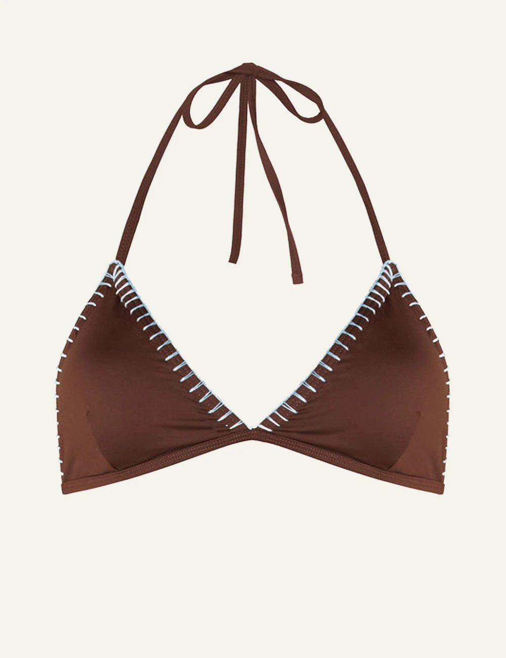 Khione OCEAN bikini set brown triangle top blue stitching front flat view