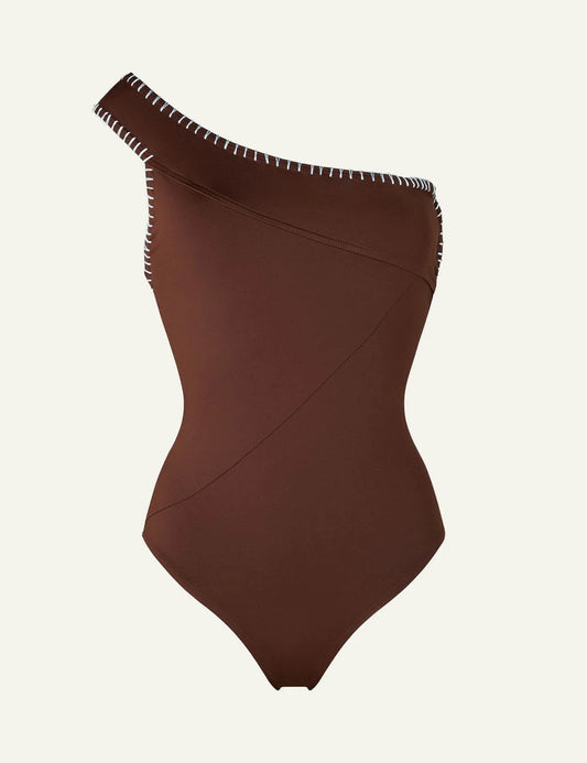 Khione TERRA one piece swimsuit brown one shoulder sky blue embroidery front flat view