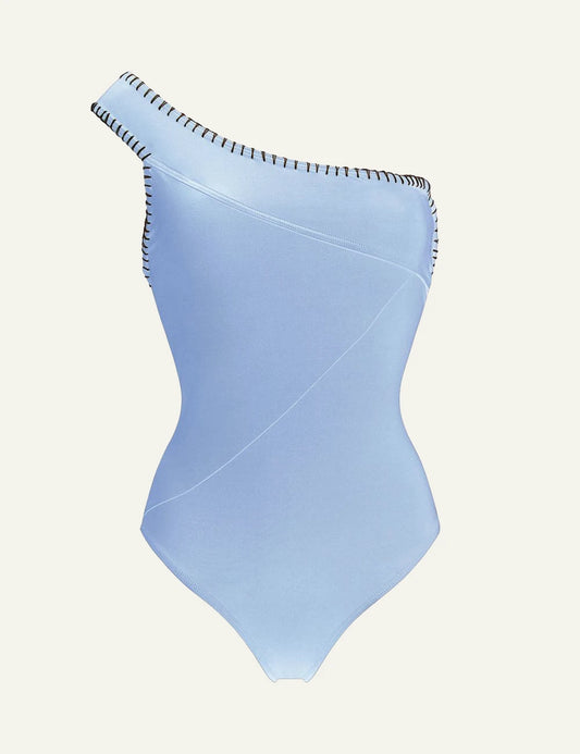 Khione TERRA one piece swimsuit sky blue one shoulder brown embroidery front flat view