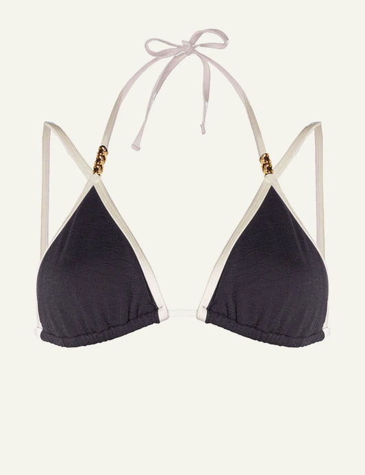 Khione TRIANGLE bikini top black jacquard ivory trim double straps beads front flat view