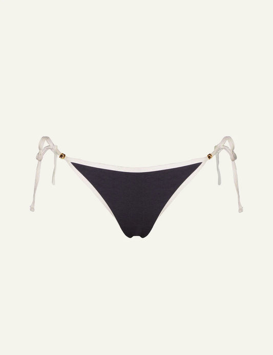 Khione ZOE bikini bottom black jacquard ivory trim side tie beads front flat view