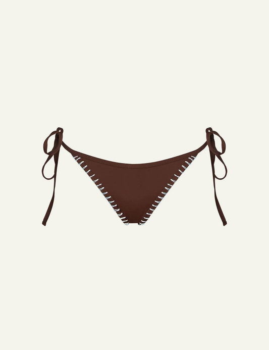 Khione Zoe bikini bottom brown me sky blue embroidery front view