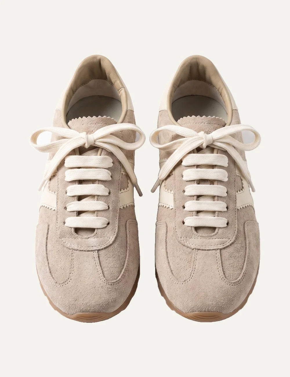 Komis &amp; Komis women's Ardesia beige suede sneakers with cream leather side stripes, lace-up closure and brown rubber sole top