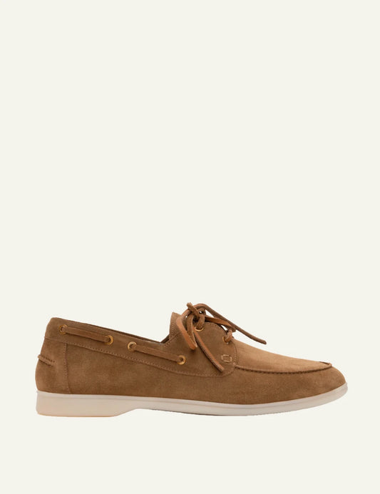 komis komis boat loafers brown suede lace up detail side view