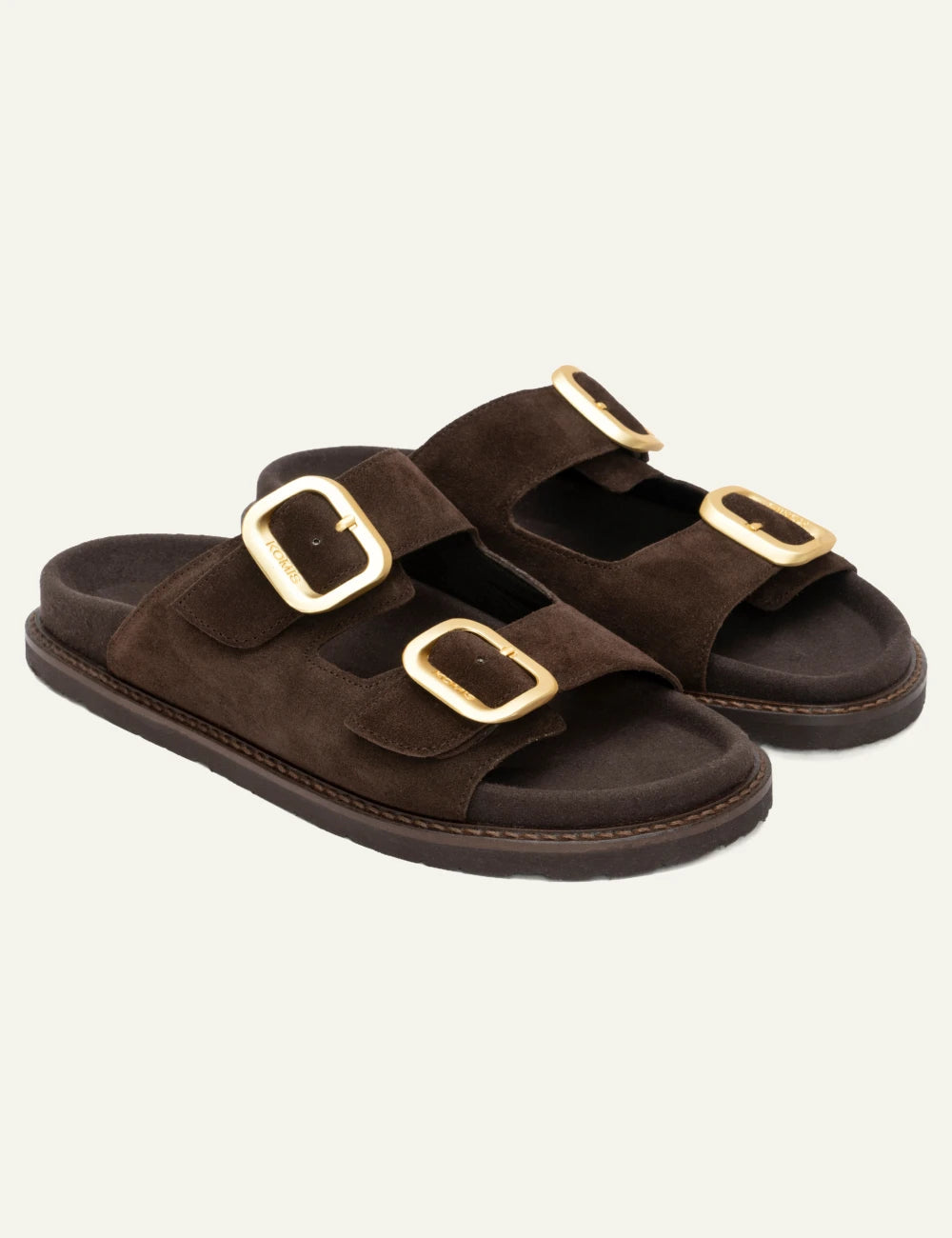 Komis Komis E3 Ebano suede sandals brown me gold buckles angled view